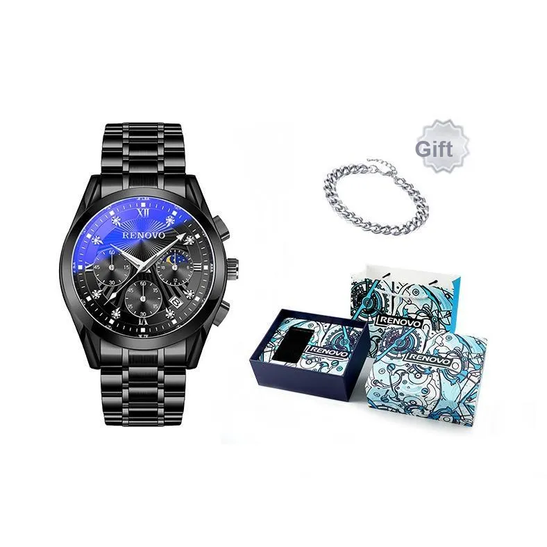RENOVO Солнце луна и звезды Кварцевый механизм Ремешок из нержавеющей стали Часы Мужские Черный циферблат