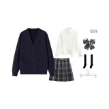 Navy Blue Cardigan+White Cinched Waist Long+Dark Night Killer Short Skirt, with Bow Ties+Calf Socks+Hanger