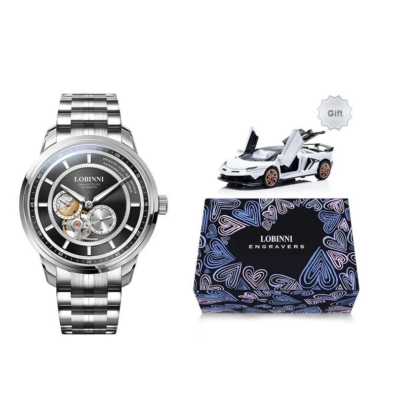 LOBINNI L Automatic Mechanical Movement Genuine Leather Strap Watch Men's Watches Black Dial-13