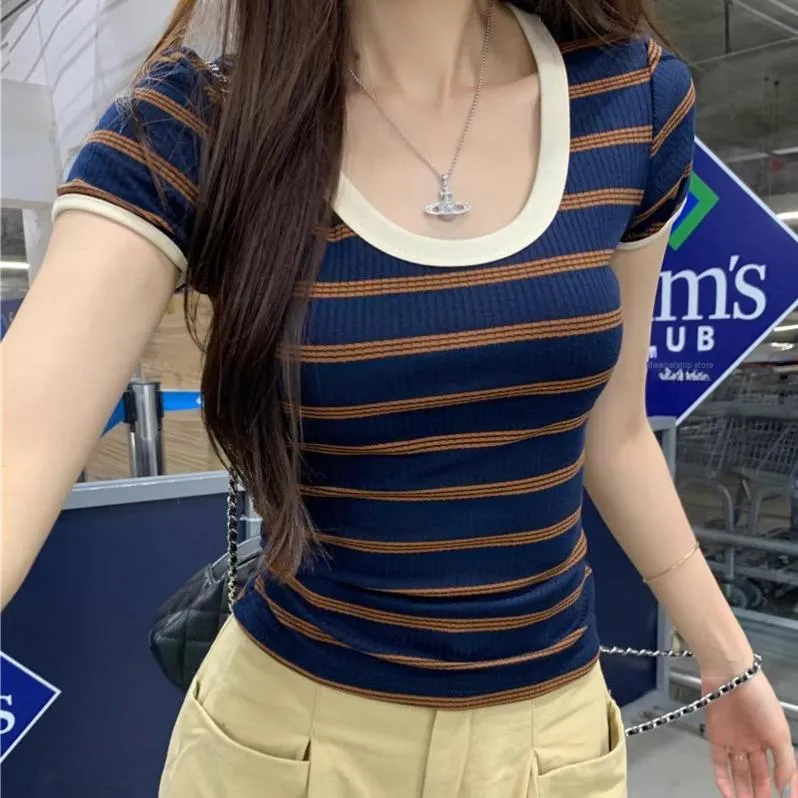 XUOIZA T Shirts Women's Dark Blue Stripe+Ribbon Scrunchi Buy And Give-2