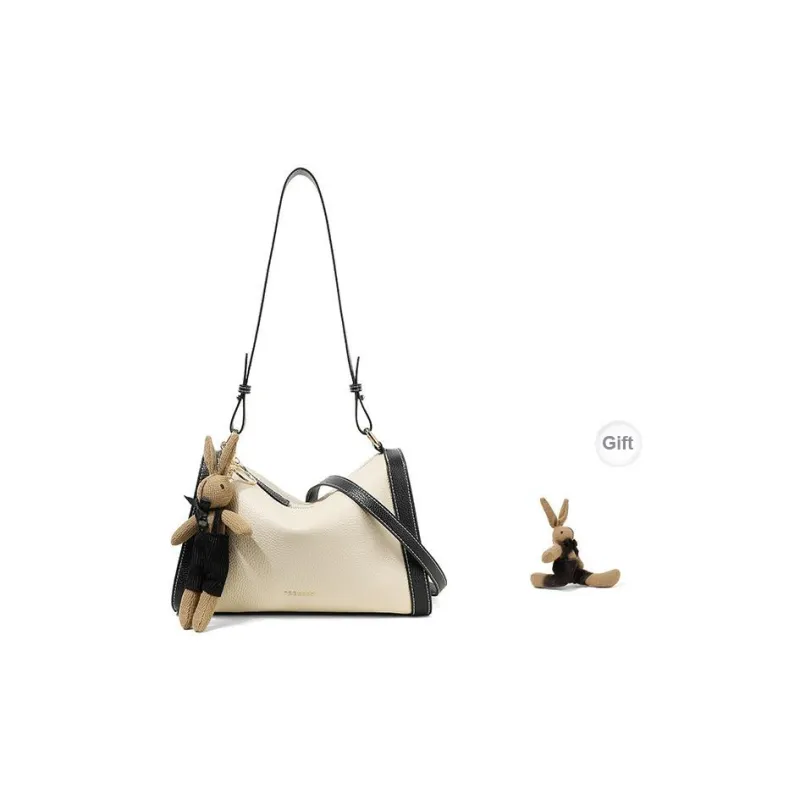 Teenmix Cow Leather Shoulder Bag, Crossbody Bag, Pillow Bag Medium Size Women's Ecru & Brown/Ecru & Black-9
