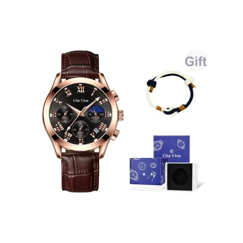 Clip Clop Кварцевый механизм Кожаный ремешок Часы Мужские Черный циферблат