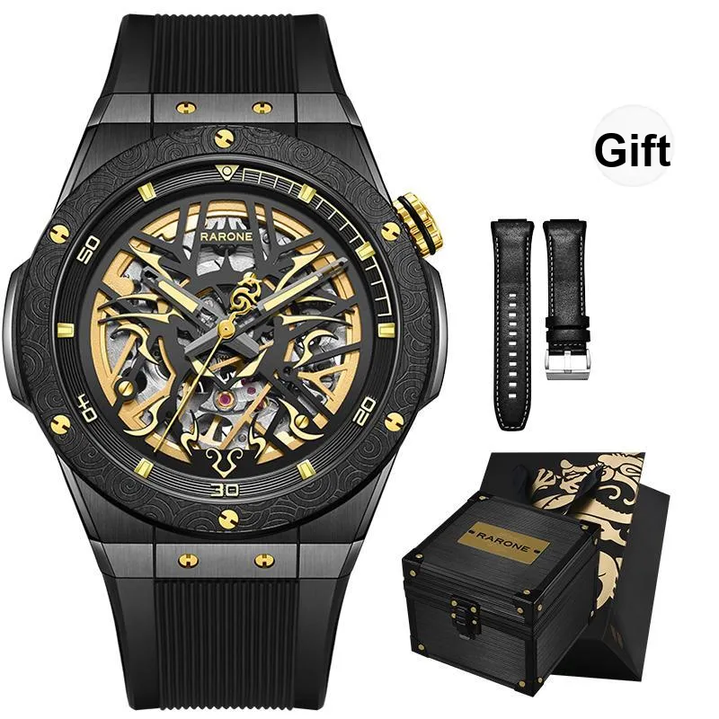 RARONE Gemini Black Gold Style Mechanical Movement Silicone Strap Watch Men's Watches Cut-Out Dial