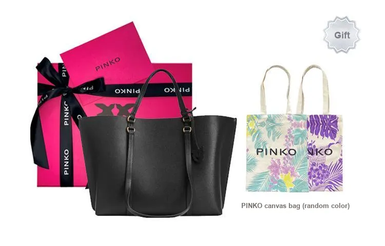 PINKO Cow Leather Tote Bag Shopping Bag One Shoulder Handbag Large Size Women's Black-4