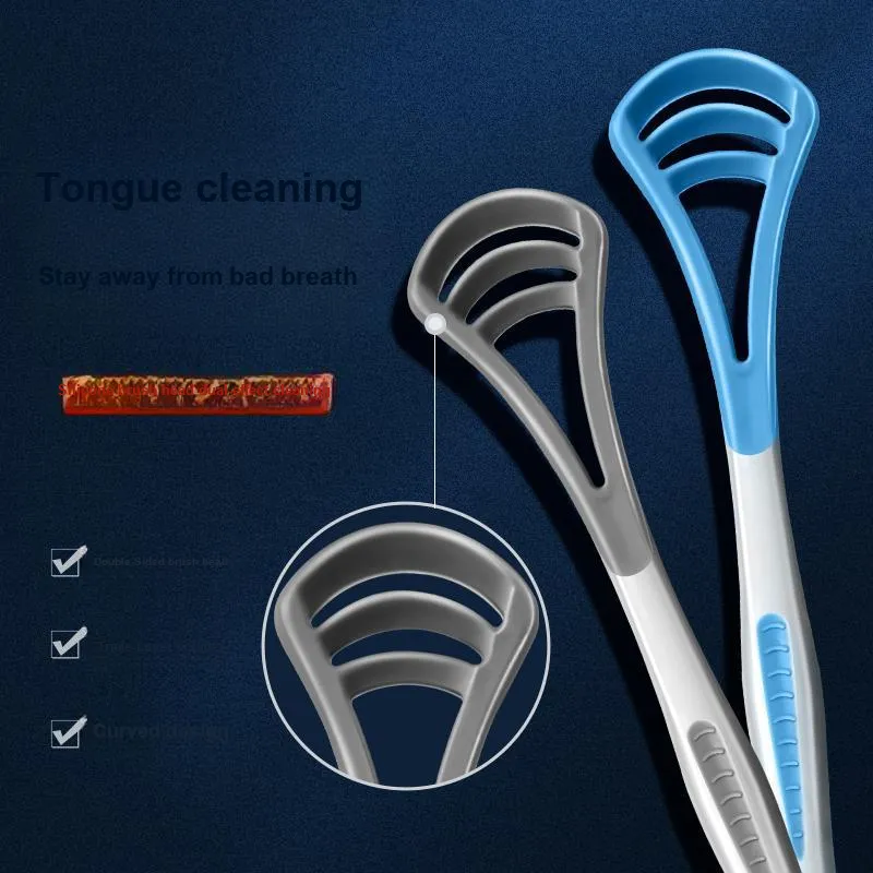 H&E Double Sided Triple Layer Tongue Cleaner Odor Removal Freshening Breath Tongue Scraping Tool 2 Pcs Gray+2 Pcs Blue-1