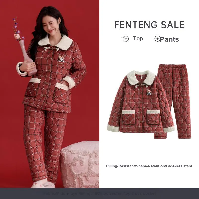 FENTENG Pajama Set Women's Red Plaid-6