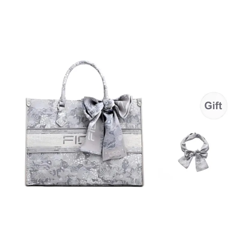 FION Clever Brocade Series Textile Cow Leather Shoulder Bag Combo Bag Tote Women's Light Gray-6