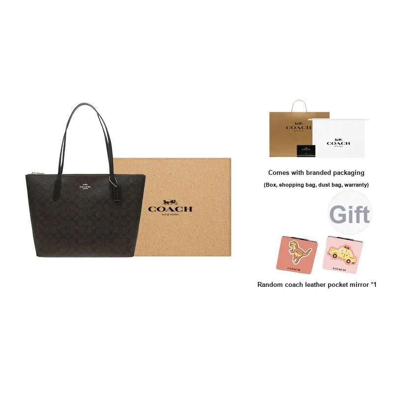 COACH Zip Top Tote Artificial Leather Tote Bag, Shopping Bag, Handbag, Shoulder Bag Tubas Women's Dark Brown-9