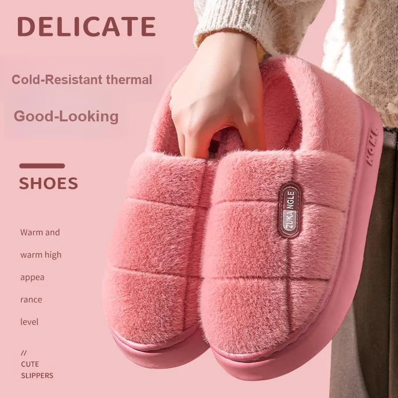 Foot Recreation Winter Warm Minimalist Style Square Cotton Slippers Home Slippers Unisex-9