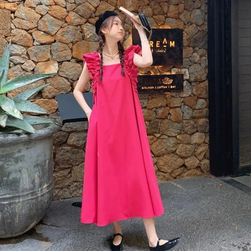 Vine Color Sleeveless Dress Women's Red-5