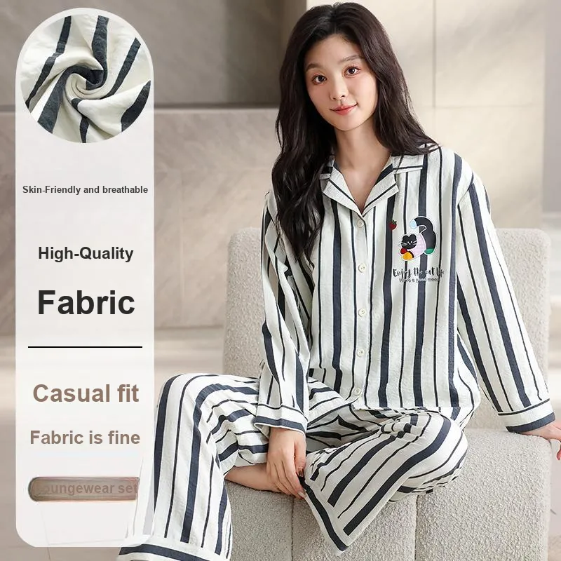 Lanza Pajama Set Women's Vertical Striped Cats-6