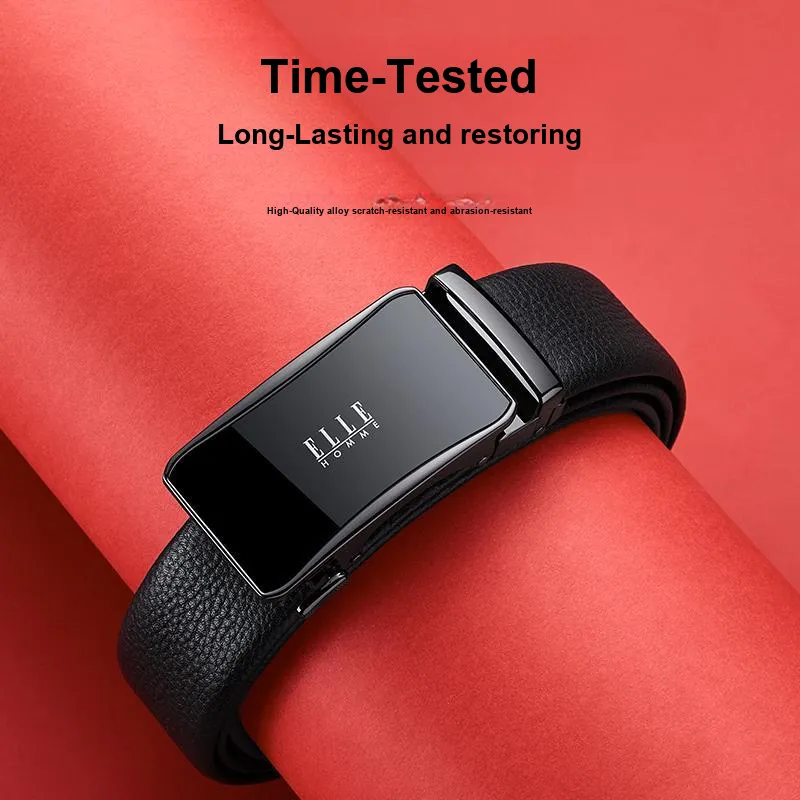 ELLE HOMME Top Grain Cow Leather Fashion Casual Versatile Belt, Trendy Students Belt Men's Gunmetal Silver Gold 3.5cm-5