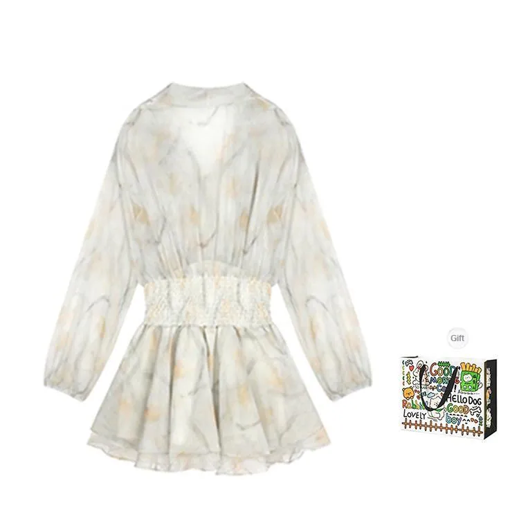 BVODE Long Sleeved Dress Women's Light Yellow Floral-1