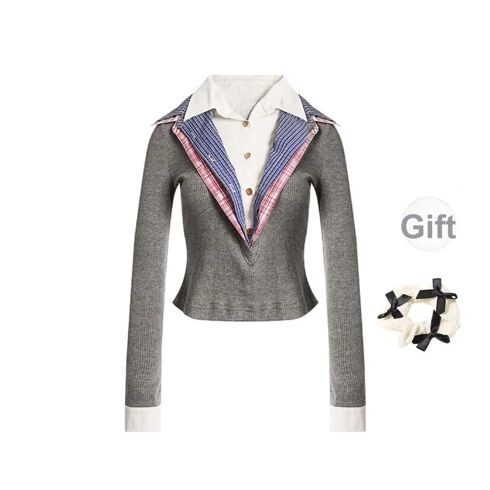 TURN UP Shirt Women's Gray+Bowknot Hair Tie Comes With
