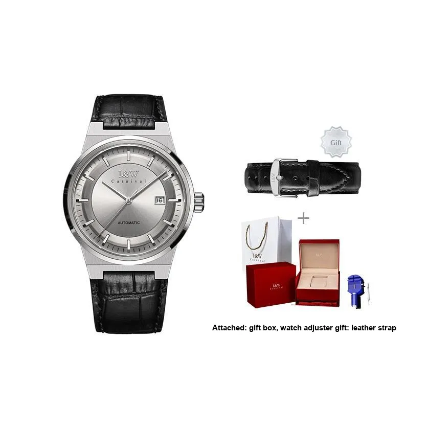 I&W CARNIVAL HWGUOJI Automatic Mechanical Movement Genuine Leather Strap Watch Men's Watches Gray Dial