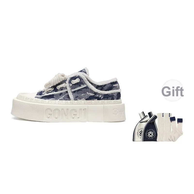 GONGJI Square Inches Denim Camouflage Height Increasing Low Top Skateboard Shoes Unisex Master Blue