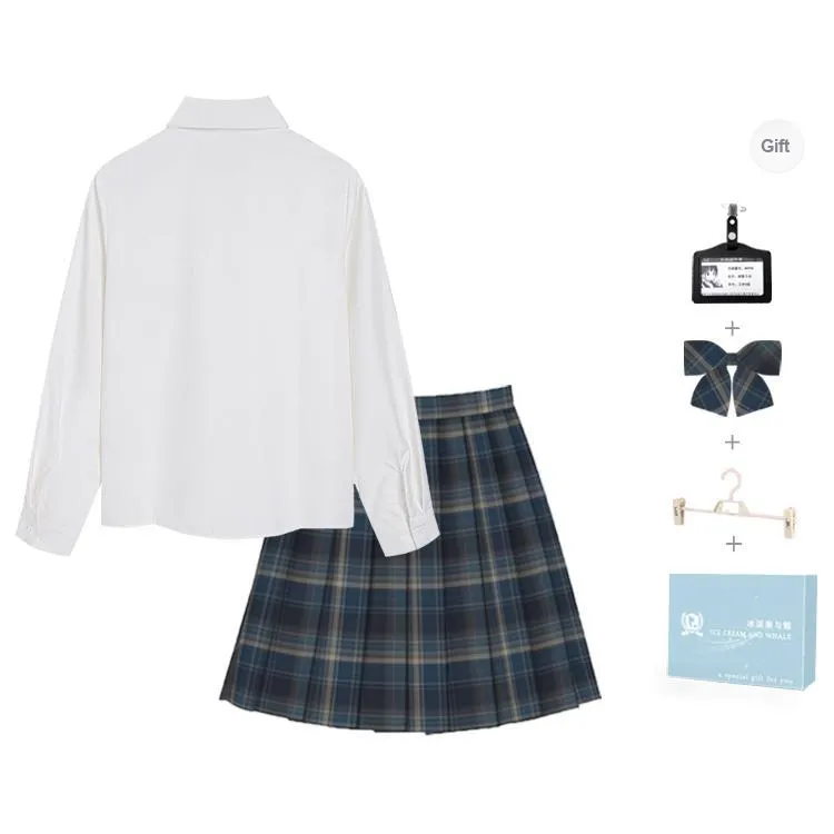 Ice cream and whale Uniforms Women's Jingsiyue Shirt+Misty Whale Checkered Skirt, Comes With A Bow Tie+Skirt Clip+School Emblem-1