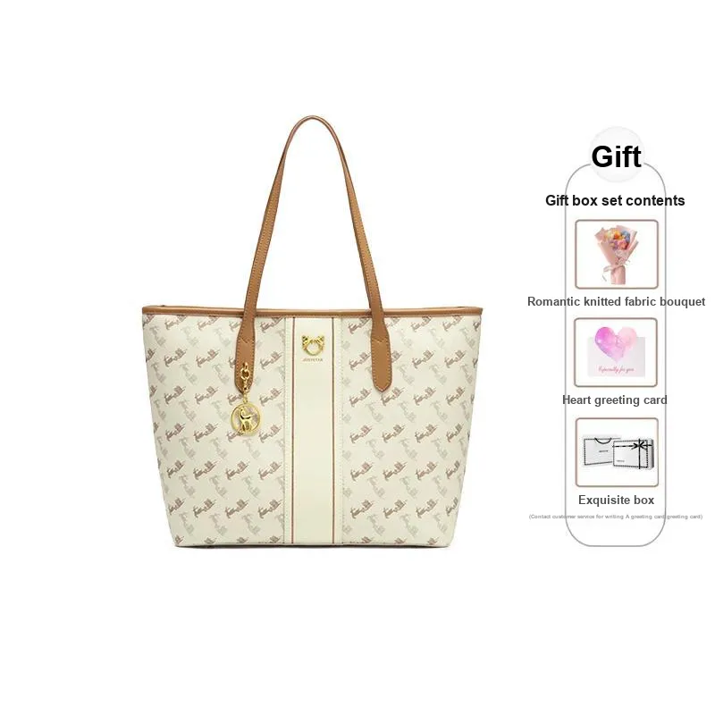 JUST STAR PU Tote Bag Shopping Bag Shoulder Bags Large Size Women's Milk Tea Ecru