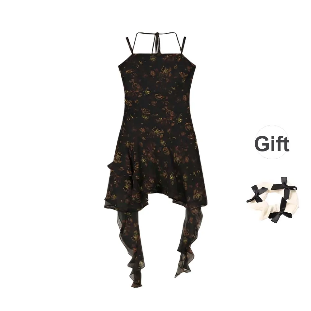 TURN UP Slip Dresses Women's Dark Night Rose+Bowknot Hair Tie Comes With