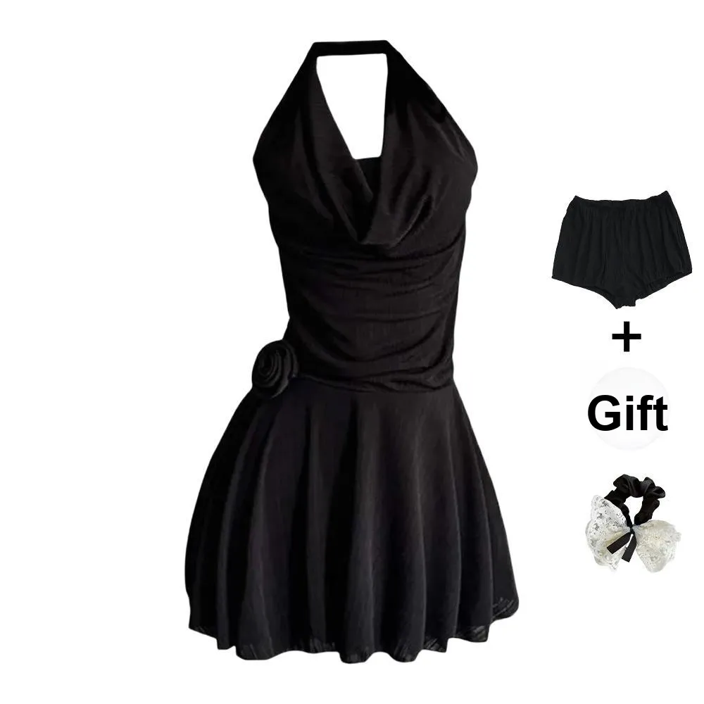 TUSHIFEI Sleeveless Dress Women's Black+Anti Exposure Shorts+Hair Tie Comes With