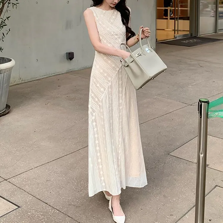 PAVEA Sleeveless Dress Women's Beige+Hair Tie Comes With-5