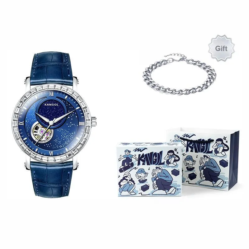 KANGOL Sea Of Stars Mechanical Movement Leather Strap Watch Men's Watches Black Dial-12
