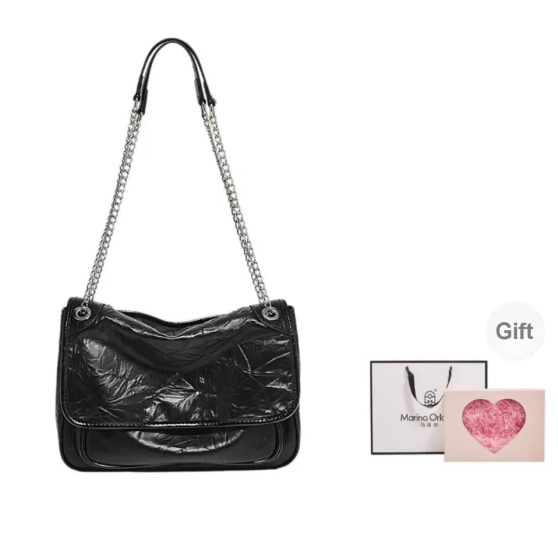 Marino Orlandi Cow Leather Synthetic Leather Chain Bag Shoulder Bag Medium Size Women's Black-11