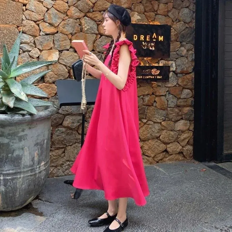 Vine Color Sleeveless Dress Women's Red-3