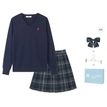 Ice cream and whale Uniforms Women's Dark Blue Pullover Sweater+Misty Whale Plaid Skirt, Comes With Free Shirt+Bow Tie+School Emblem