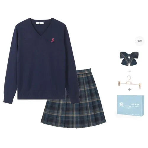 Ice cream and whale Uniforms Women's Dark Blue Pullover Sweater+Misty Whale Plaid Skirt, Comes With Free Shirt+Bow Tie+School Emblem