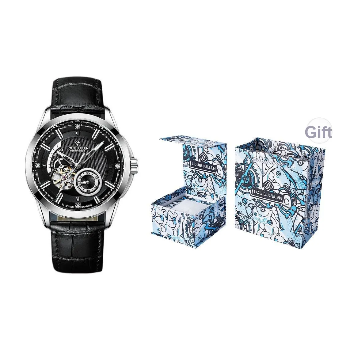 LOUIE JUELEN Darth Vader Collection Механическое устройство Естественная кожа Ремешок Часы Мужские часы Черный циферблат