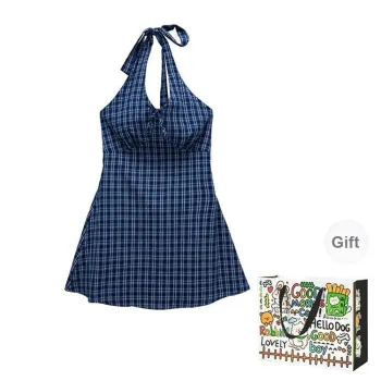 BVODE Sleeveless Dresses Women's Blue Plaid Shopping Bag
