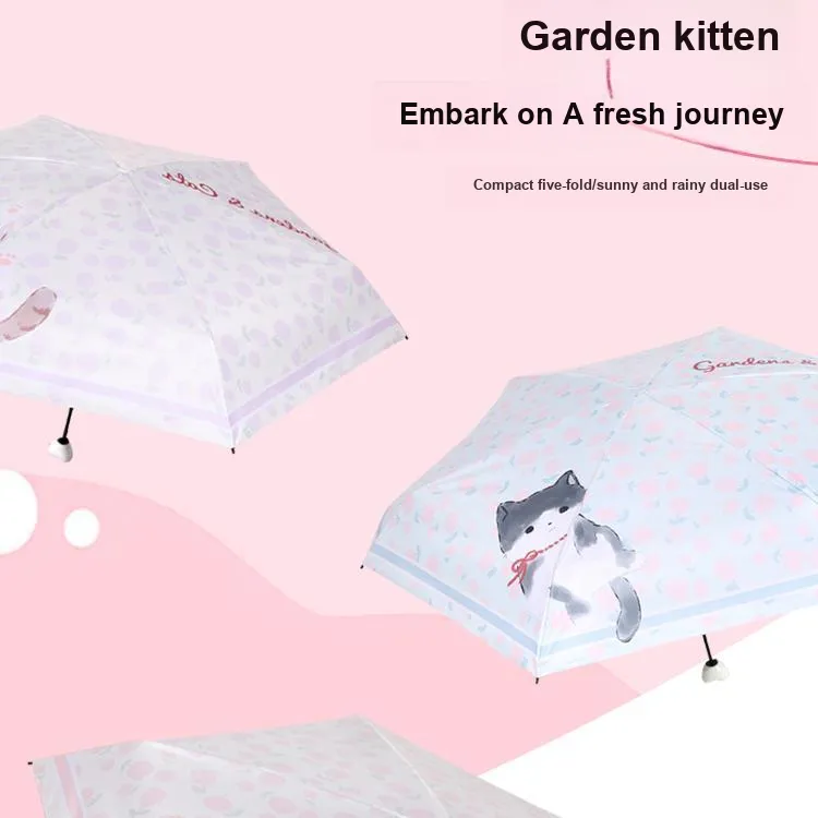 Sunny Edge Garden Kitten, Embark On A Fresh Journey, Sunny And Rainy Dual Use Five Fold Umbrella-4