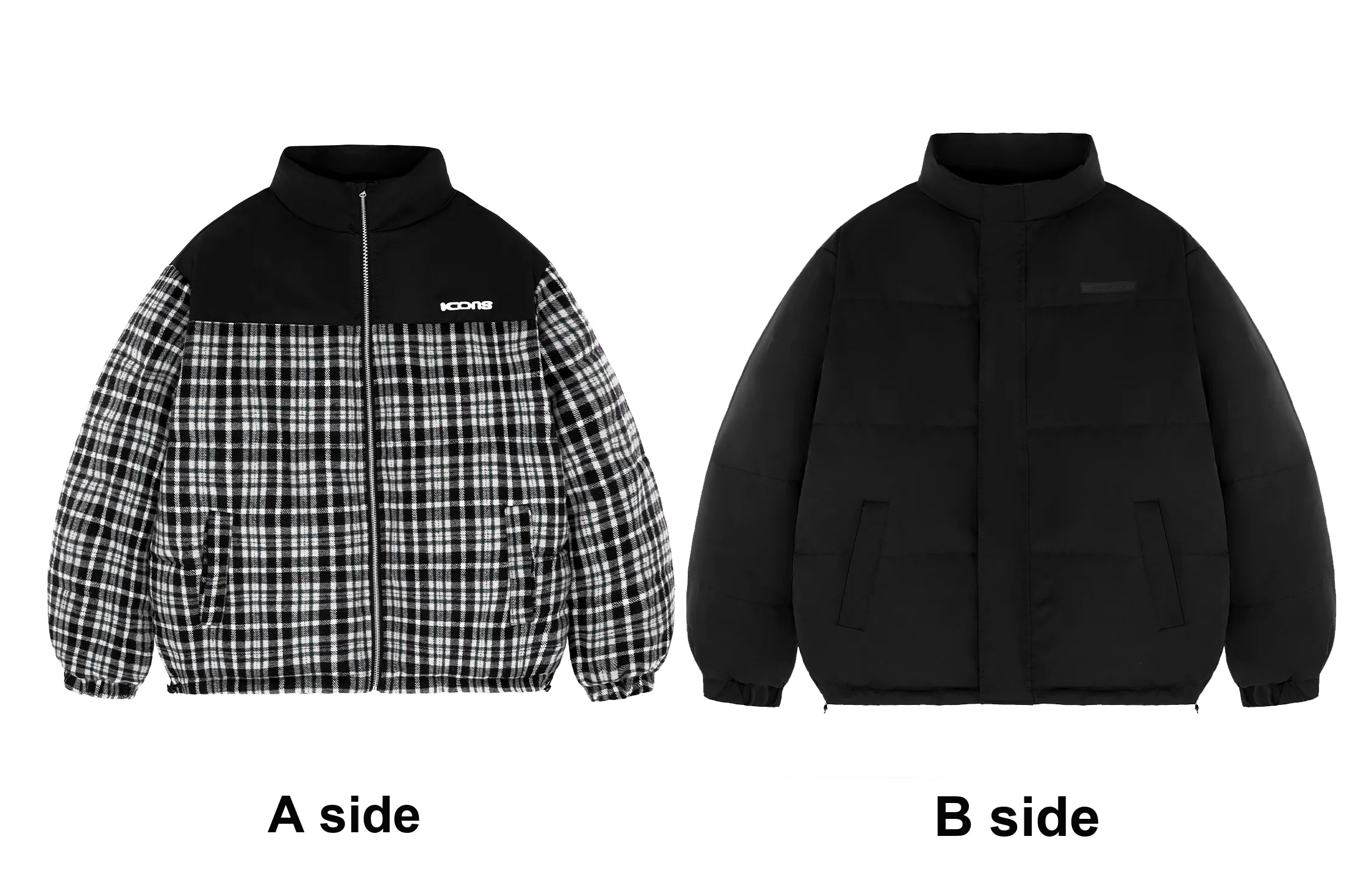 ICONS Lab Puffer Jackets Unisex Black White Plaid