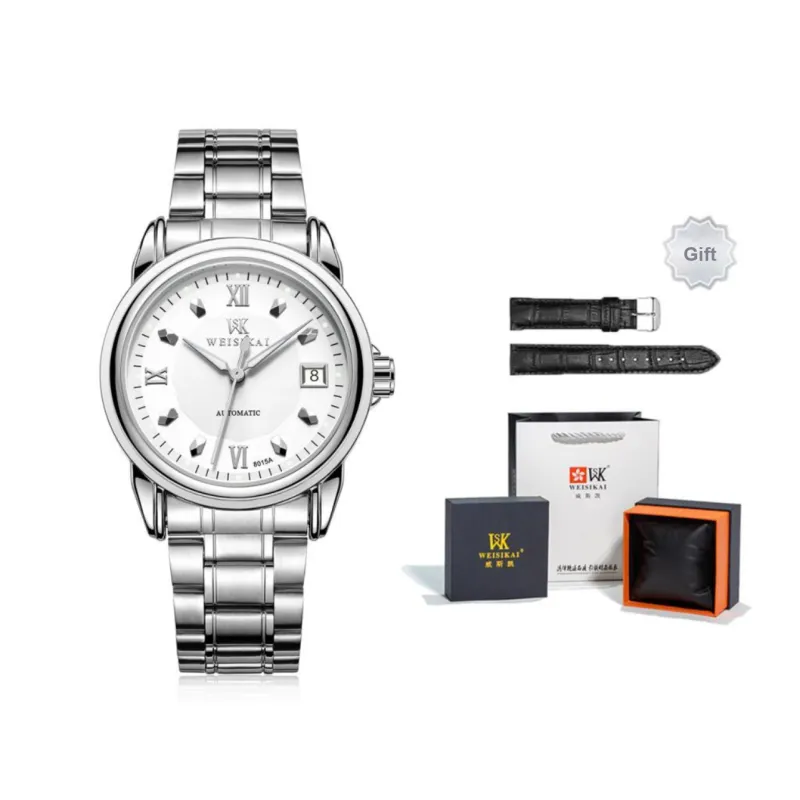 WSK Mechanical Movement Stainless Steel Watchband Men's Watches White Dial-0
