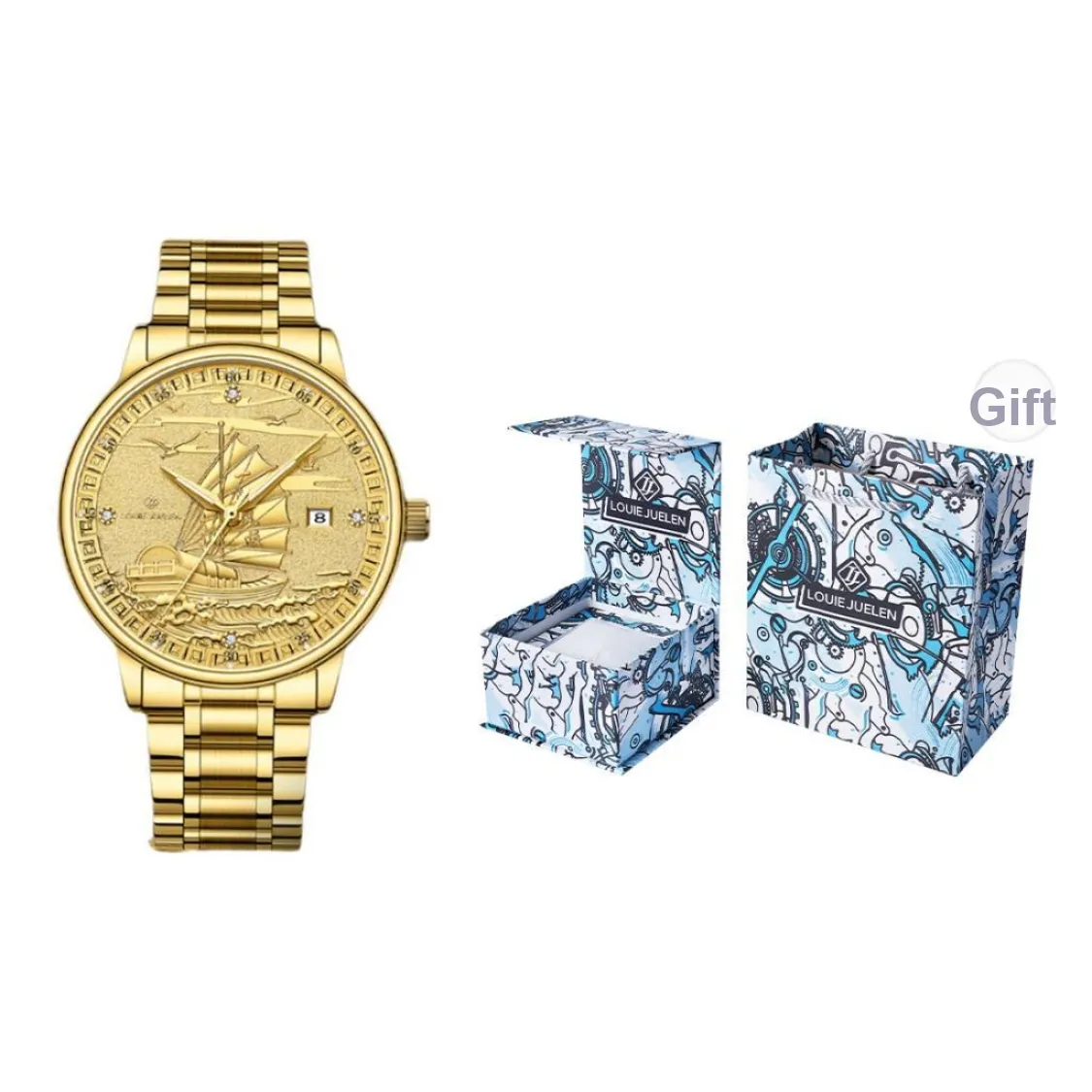 LOUIE JUELEN Smooth Sailing Collection Mechanical Movement Stainless Steel Watchband Watch Men's Watches Gold Dial