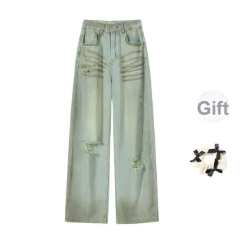 CPAURA Jeans Women's Blue Jeans+Belt+Bowknot Hair Tie Comes With