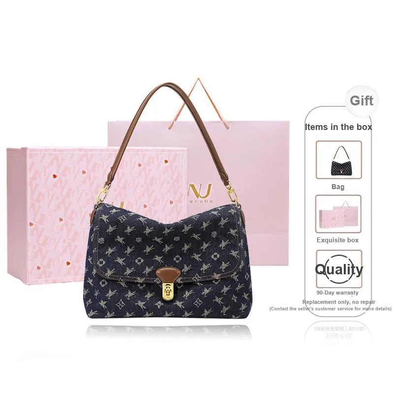 NUCELLE Fabric Denim Bag Shoulder Bag Crossbody Bag Medium Size Women's Tannin Blue/Twilight Black-7