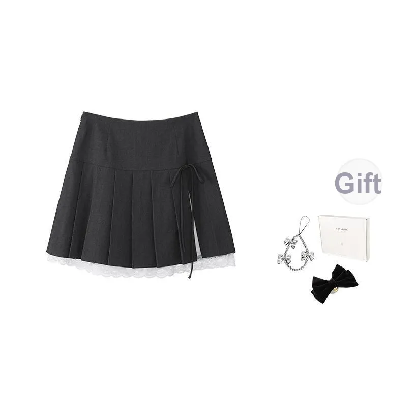 Fstudio Лето Корейский Преппи стиль Разделенный Бант Кружево Вверх Плиссированный Повседневные короткие юбки Женские