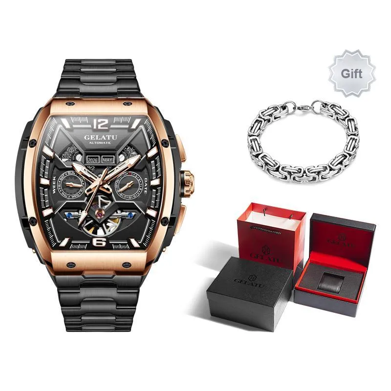 GELATU Mechanical Movement Stainless Steel Watchband Watch Men's Watches Black Dial-6