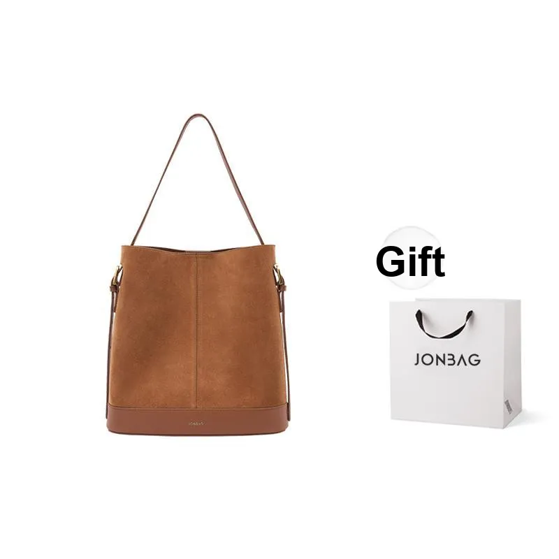 JONBAG Cow Leather Suede Bucket Bag For Mother's Day Shoulder Bag Medium Size Women's Honey Brown/Tea Umber