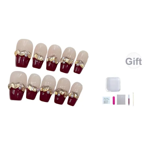 A Few More Cute Искрящийся Шампанское Стразы False Nail Короткий LADDER Красный Однотонный Французский