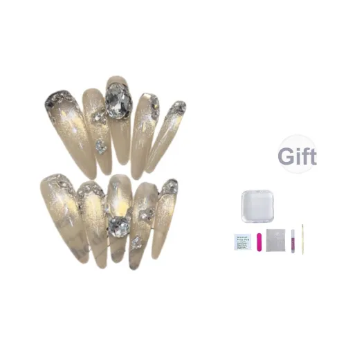 JIDUOMENG Handcrafted False Nail Премиум Nude Cat Eye Flashing Rhinestone Nail Patch Detachable Oval