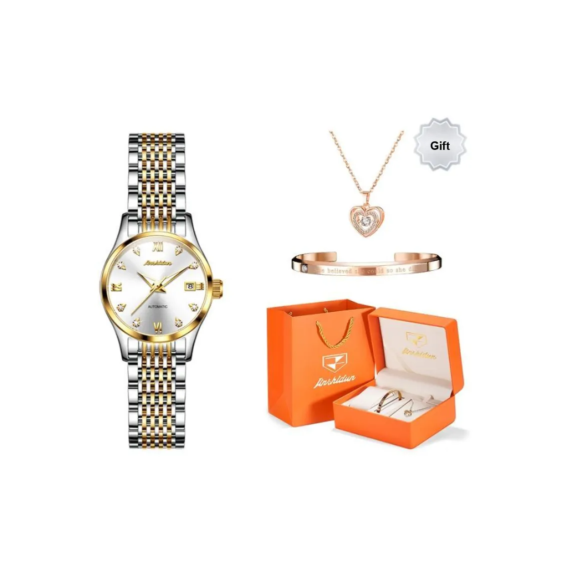 Jin Shi Dun Box Mechanical Movement Stainless Steel Watchband Watch Women's Watch White Dial