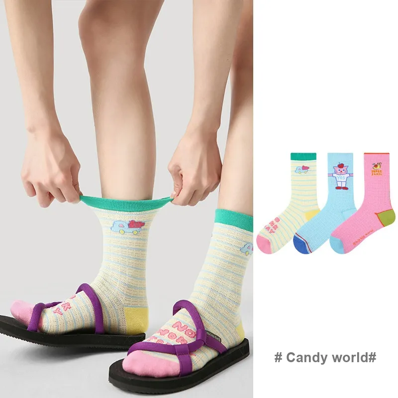 Vine Color Mid Calf Socks Unisex 3 Pack Candy World-3