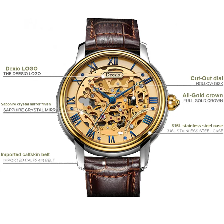 DEESIO Automatic Mechanical Movement Watch Men's Watches Cut Out Dial-3