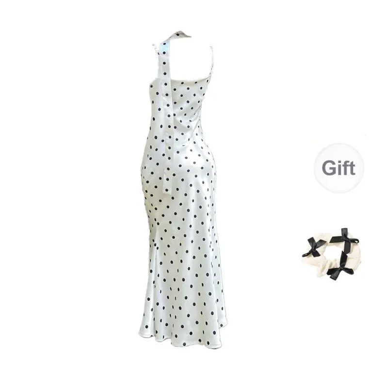 CPAURA Slip Dress Women's White Base With Black Polka Dots-1