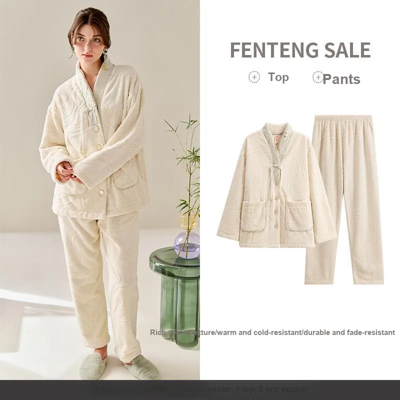 FENTENG Pajama Set Women's Beige Apricot-1