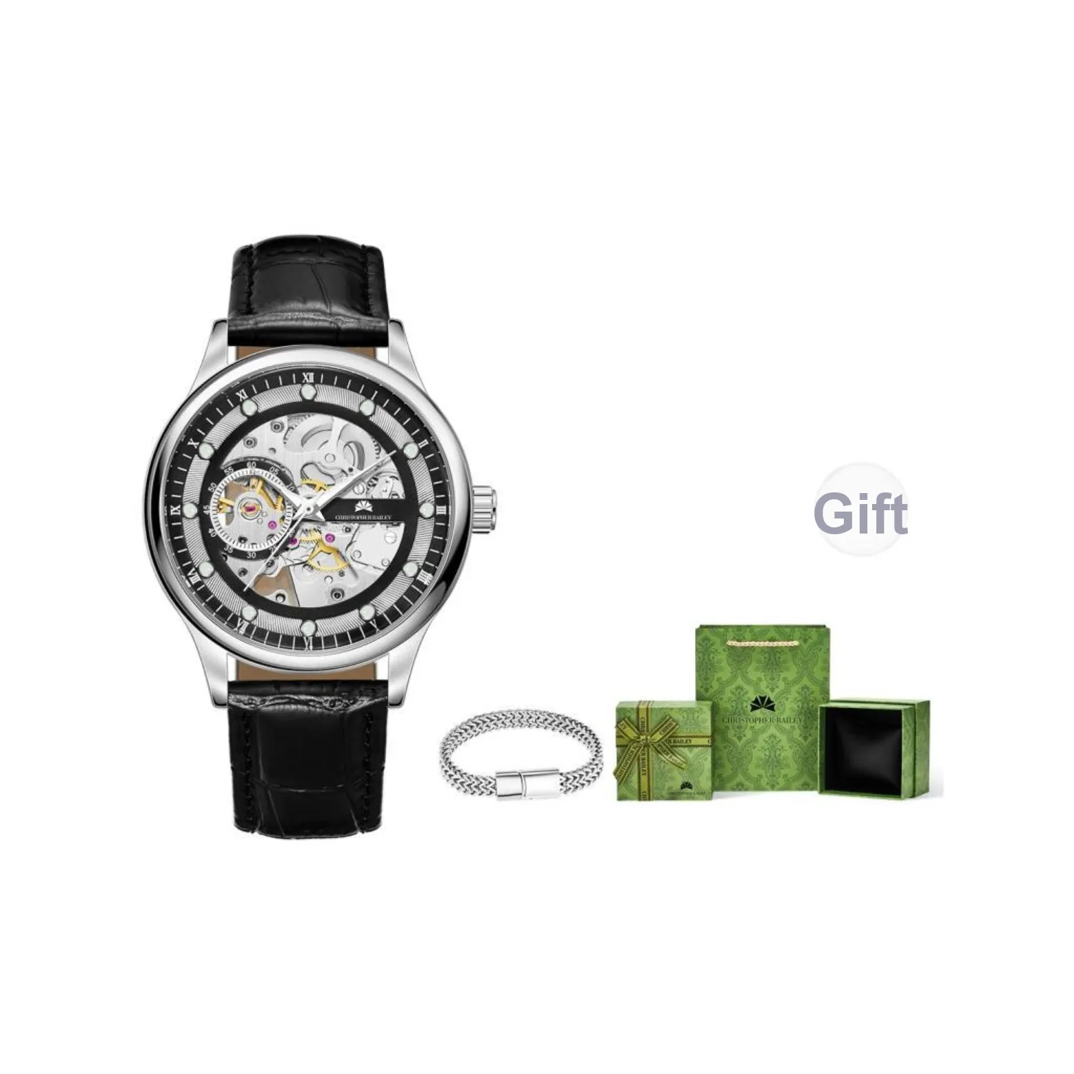 Corriberty Automatic Mechanical Movement Genuine Leather Strap Watch Men's Watches Cut Out Dial