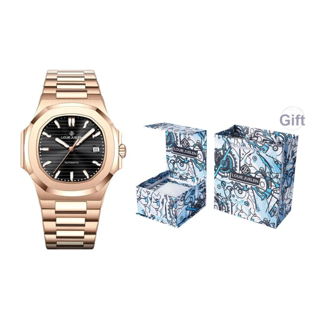 LOUIE JUELEN Automatic Mechanical Movement Steel Strap Watch Men's Watches Black Dial